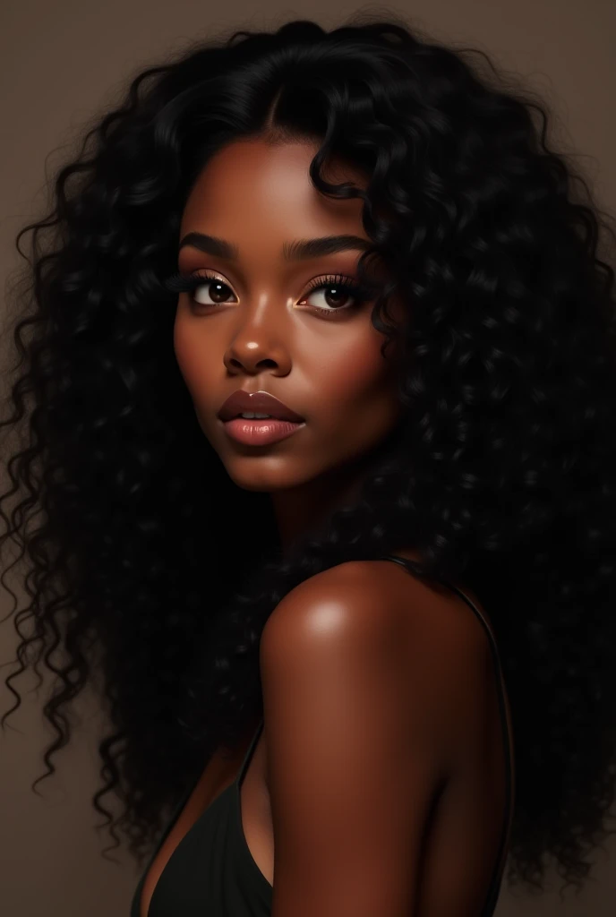  there is a black woman , the woman has curly black curly, she has brown skin, with dark brownish skin, with long curly, long black wet  bouncy curls, pretty lips, stylist model looking, promoting her hair