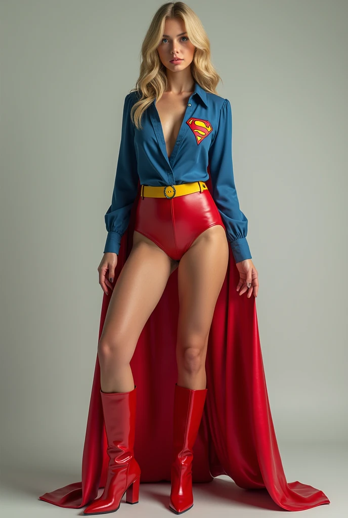 A SEXY LARGE BREAST BLONDE TEEN FEMALE WEARING A 1970 BLUE OPEN V BUTTONLESS BLOUSE WITH A SMALL "S"EMBLEM ON THE RIGHT SIDE OF HER CHEST, A PAIR OF RED SHORTS WITH A YELLOW BELT, TALL RED HEELED BOOTS, A BLUE CHOKER, AND A LONG FLOWING RED CAPE
