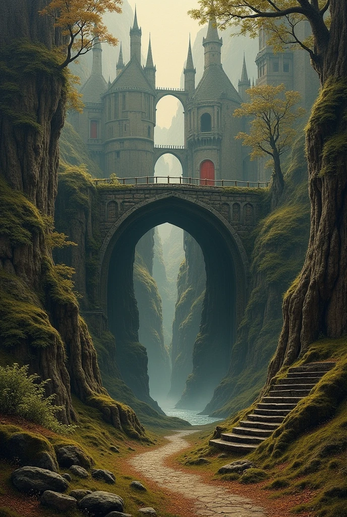 Awesome PAINTING ,Outside in nature , with awesome details ,in the style of BOSCH ,enigmatic,in a strange place ,with mysterious colossal and colored gothic staircases, with huge bridges ,very awesome gothic ,sublime VERMEER feeling ,very photorealistic !!