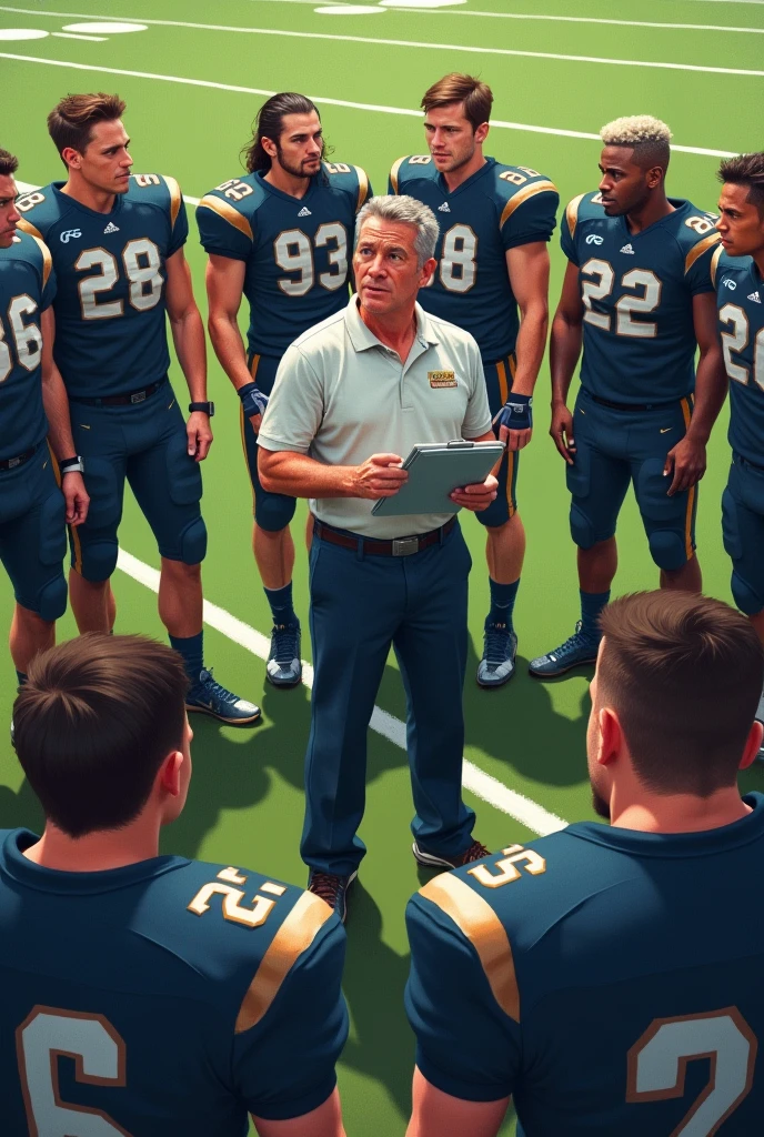 An American foot ball coach giving instruction in an American fotebol stadium to candidates for a player's position, suit portrait, 8k --auto --s2