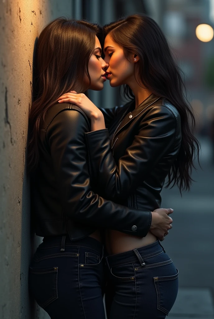 Two Beautiful Vampires girls lesbian. She smile. The two vampire women kiss on the mouth passionately. Their lips are touching and they face each other and she looks into her eyes. Photorealistic style.