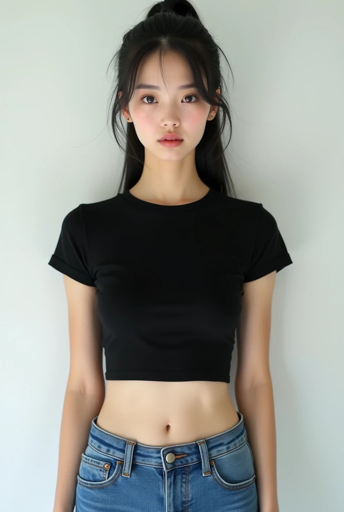 Crystal structure evolving into a female form, OK pose, Young woman in her 20s, Asian, Tight black t-shirt, Upper Body