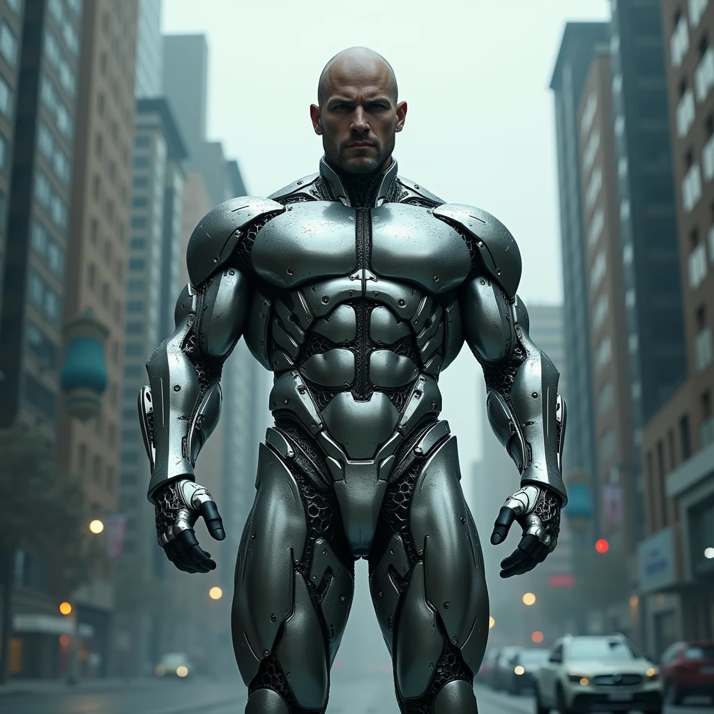 decopunk:1.1, chrome biomechanical clothing, chrome, decopunk machinery, 1man, solo, walking towards the viewer, looking at viewer, bald, scarred, growling, eyeliner, face paint, muscular, (low key lighting), (selective focus), (long wide angle shot), volumetric lighting