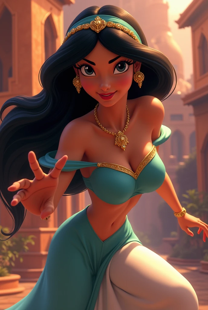 jasmine 1girl, solo, breasts, navel, bare shoulders, midriff, pants, necklace, off shoulder, bracelet, see-through, gem, off-shoulder shirt, multi-tied hair, arabian clothes, blue sarong, ((1 girl)), Masterpiece, (high quality, best render), (beautiful girl, jasmine), (bomb, pin-up style), hot, floss, perfect body, 4k hd, disney princess, beautiful female princess, anime princess, hd artwork, official art, disney cartoon, beautiful princess, large breasts, sexy pose, beautiful princess, beautiful character painting, disney character, disney artist, disney art style, disney art, official art