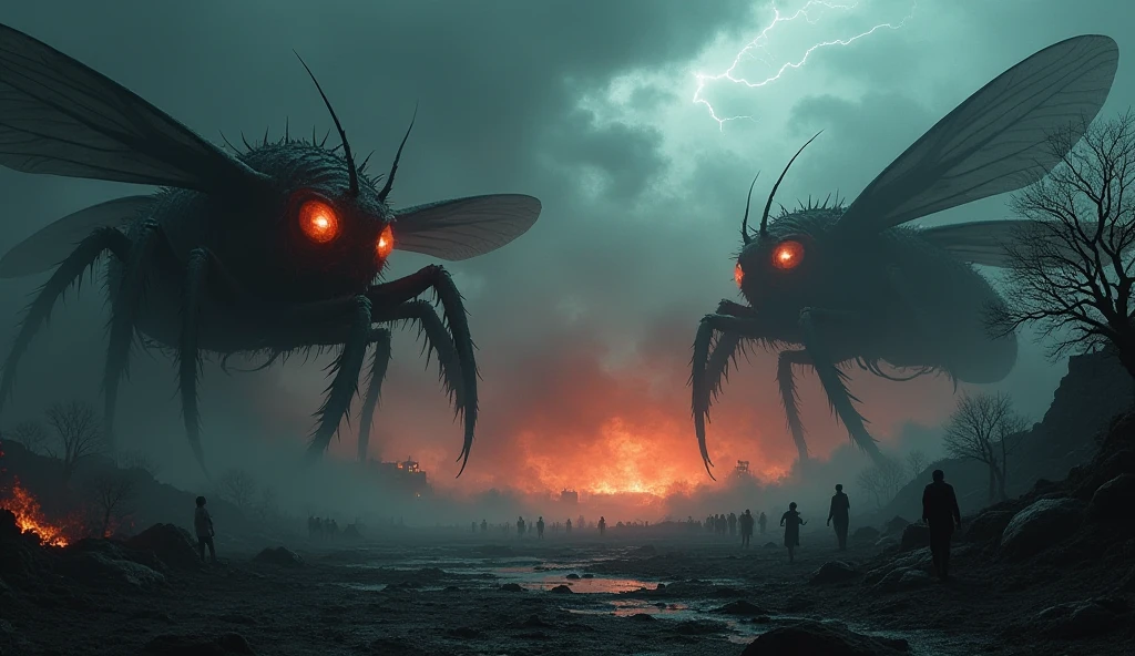 giant dark red flea-like creatures eating terrified humans in a barren futuristic night city, gore, blood, nightmare