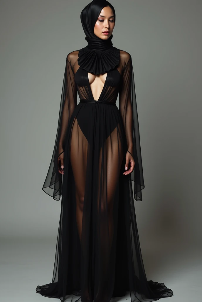 Long black dress, straight long super light yellow blonde hair, Japanese face, deep v neck, Deep slit skirt, stand up, Thigh, side open dress, masutepiece, Best Quality, wear a simple tiara