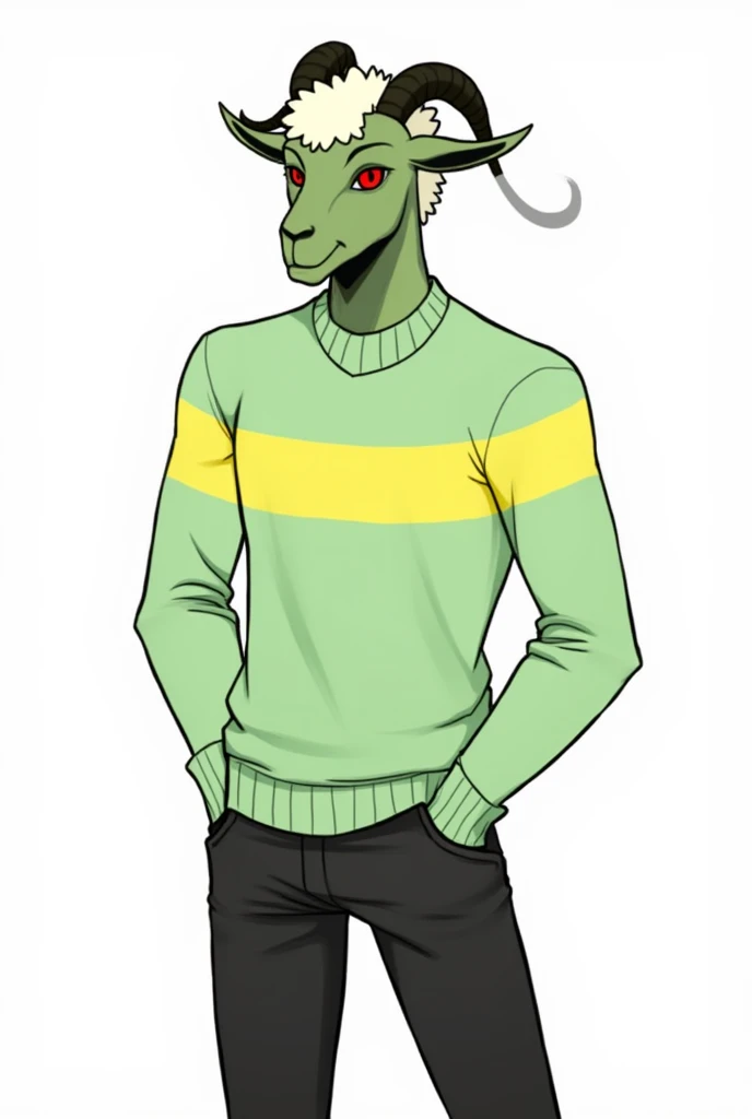  Azriel Dreamurr is a character from Undertale ,  monster boss ,  goat-like bipedal creature with humanoid limbs instead of hooves . 
Appearance:  in his ish uniform he has no horns ,  There is only a small bunch of fur on top of his head .  He wears a light green sweater with horizontal yellow stripes and black pants. 