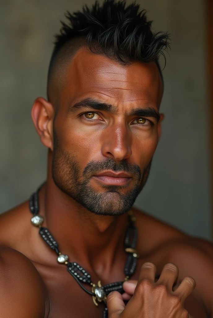 Un jeune de 22ans rasé cheveux court bronzer avec un bouc au menton corps athlétique la vigntaine regard charmeur habillé de facon original avec un beau decor en arrière plan