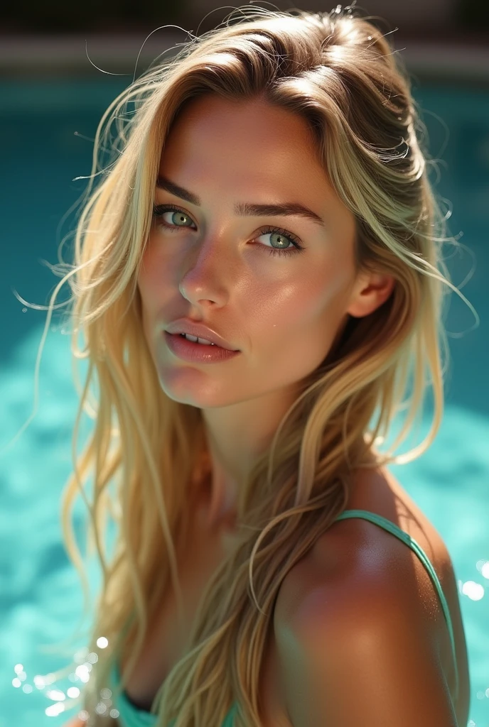 (highly detailed) Hot young tennage girl is wearing dark matte black one partbikini spandex suit is covered in water that reflect the light of the sun she has blond wavy hair freckles and her ass is bigger her brest is big HD real photo 8K she is fit her waist is slim she is looking very young her brest is very big she curves her ass her hair is covered in water drops
her face is looking very young and thin she is looking young and happy she is lying on her belly while floating on a water she is not smiling she has green eyes her ass is big