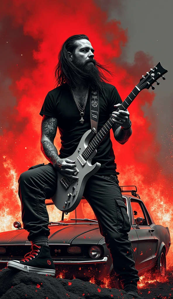 metal_tee, a heavy metal rocker playing the guitar, vector digital illustration, (black background:1.5) <lora:metal_tee_sdxl:1>