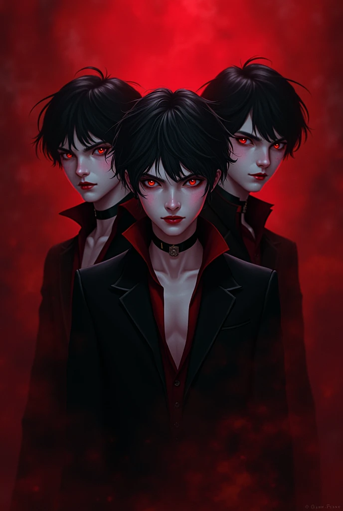 Genera 3 personajes de anime un hombre y dos mujeres El hombre con pelo rojo y mechones negros ropa negra fumando Con horns y Red eyes la Mujer número uno Morena, short straight hair, braids on the sides, elegant, horns, tired face and eye shadow and woman number 2 White, black hair somewhat curly, Red eyes, shoulder length hair, busto grande y horns
