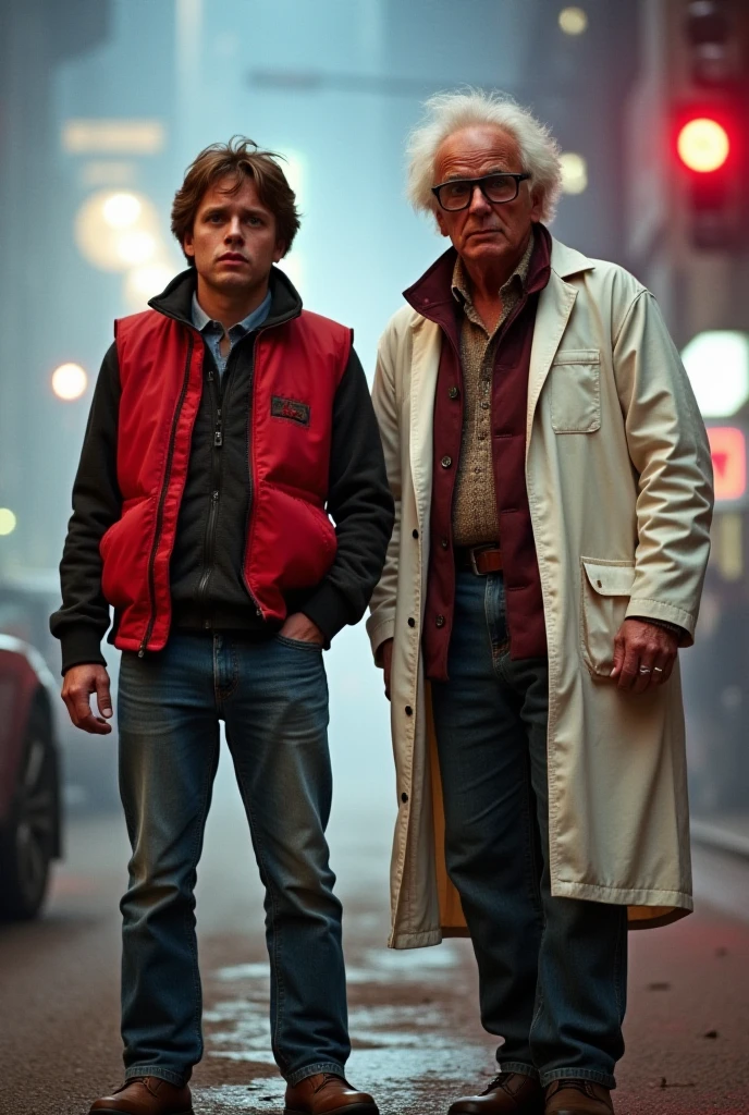 Red Mcfly Races Michael J. Fox as Marty McFly, in his iconic red vest and jeans - SeaArt AI