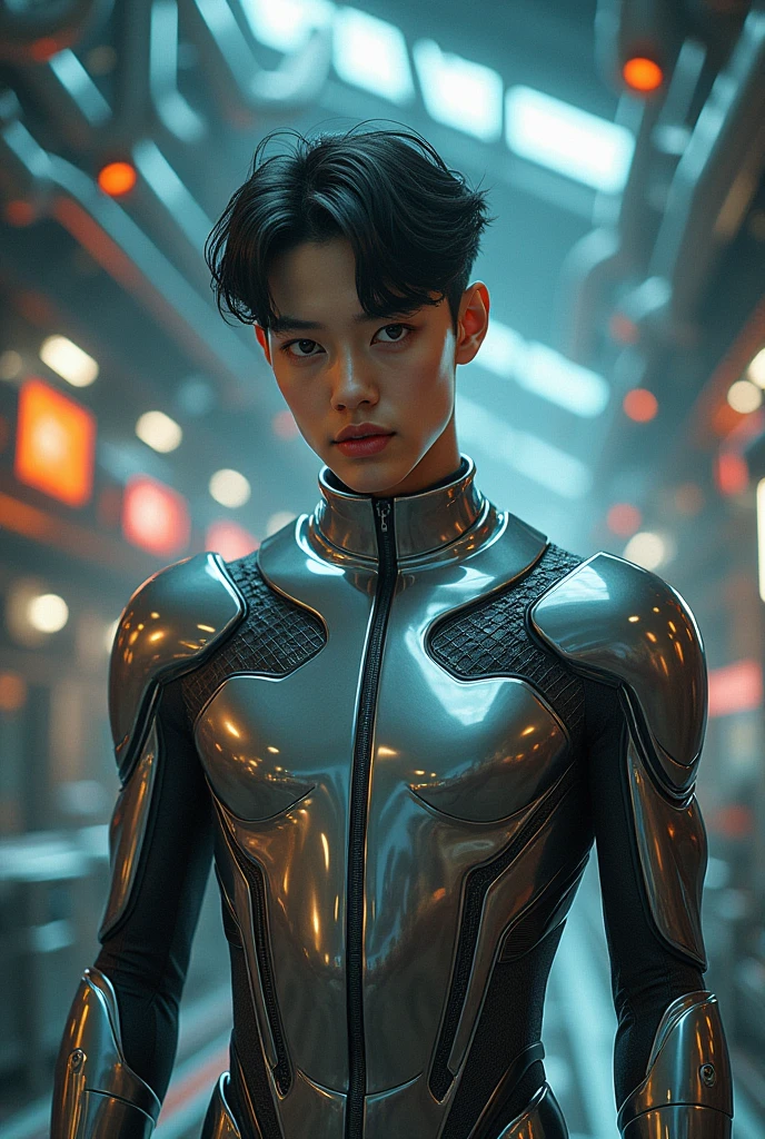  boy with styled hair wearing a skin tight latex suit and Nike ankle free socks by Dri Fit.