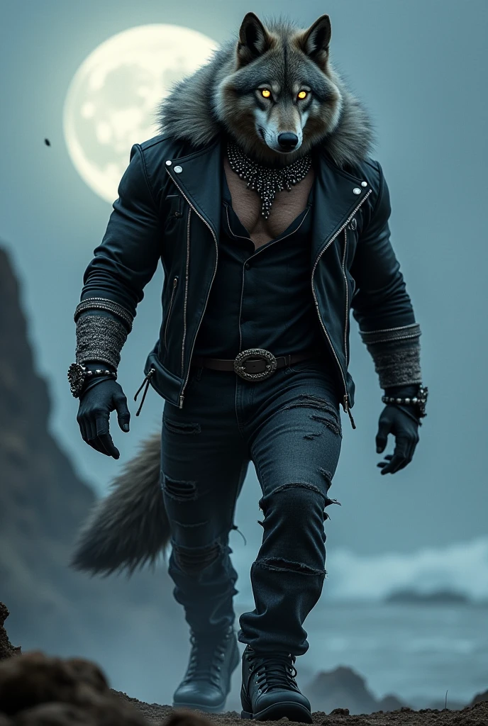 Male, 30 years old, (howling:1.8), (black leather jacket:1.8, anthro, wolf ears, (black fur:1.5), wolf, forest background at night, 8k, hi res, (best quality, masterpiece), red glowing eyes, (wolf tail:1.5), detailed fur, realistic, blue jeans