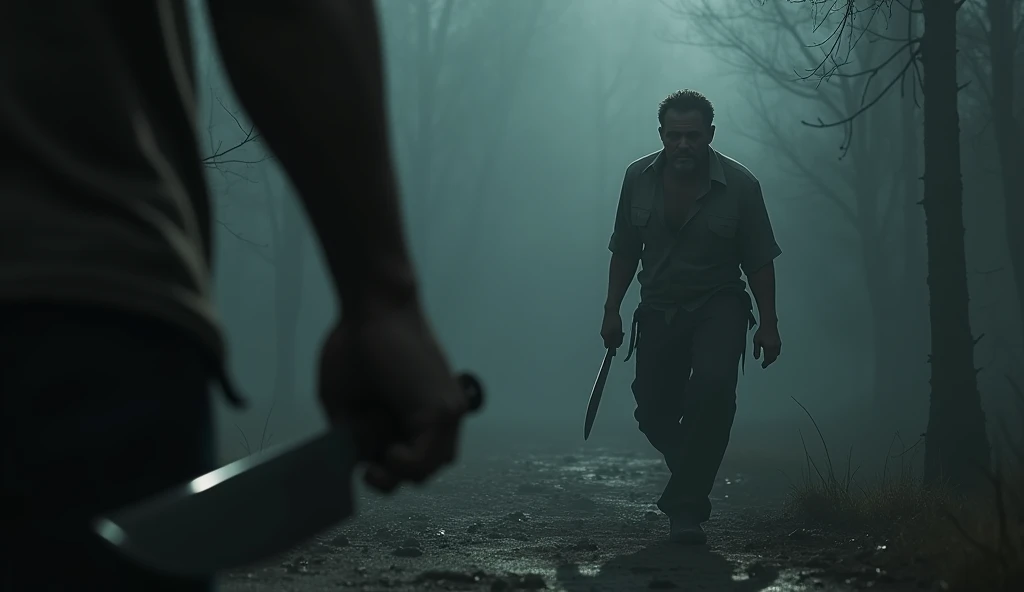 Best quality, masterpiece, ultra high res, photorealistic:1.5, raw photo,ultra reality, bearded man, short hair, a man standing on a pile of dead humans, wearing gray checkered shirt,holding knives in both hands, bloody hands, injured, some bruises, fighting, in the warehouse, cinematic lighting