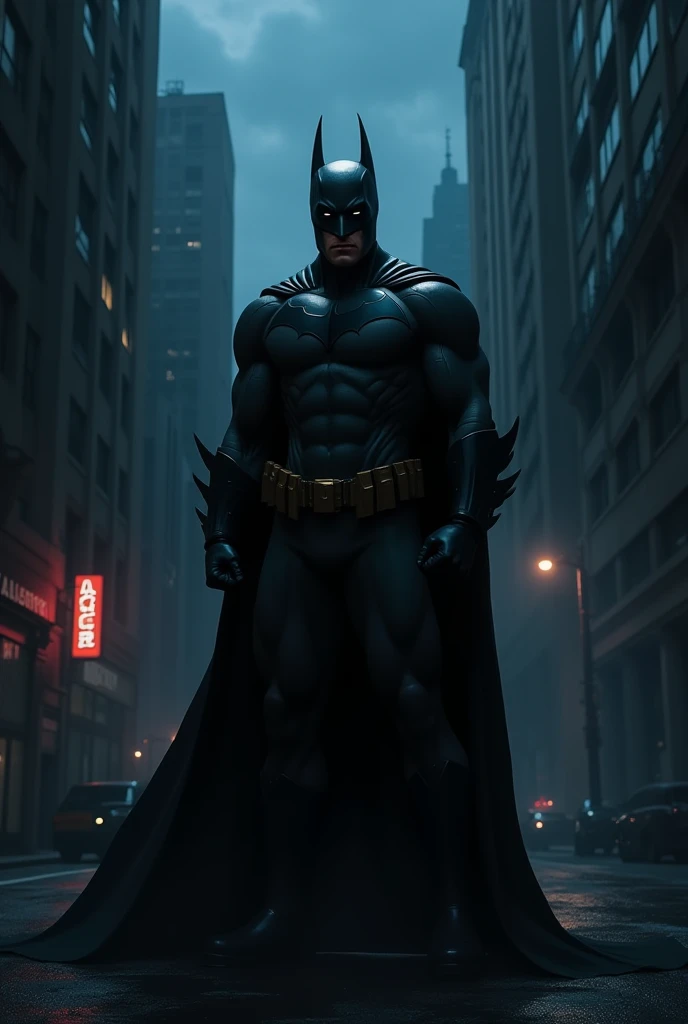 Obra prima melhor qualidade, batman de armadura cibernetica futurista preta capa,imposing on top of a building, a noite, extremamente 8k, ultra realista