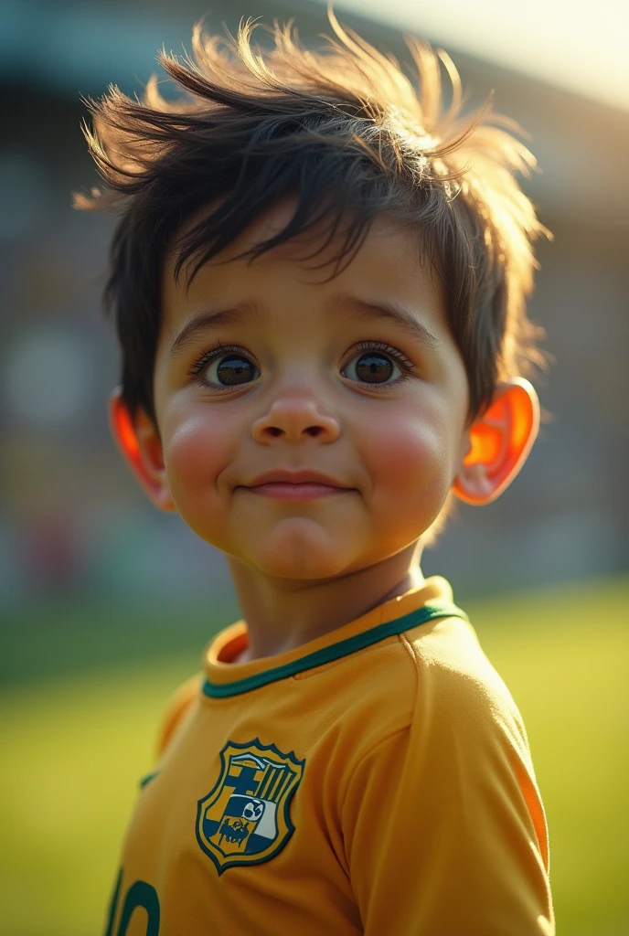 Create a photo of a boy with wavy hair, dark brown eyes, dark brown hair,  with a team shirt called Bralw stars