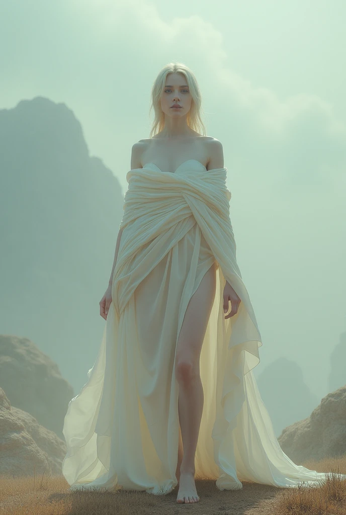 Lady of the Desert spectre legend. at night in the desert paranormal apparition. She is facing full body. ripped dress. She is beautiful face and kind or serene look 