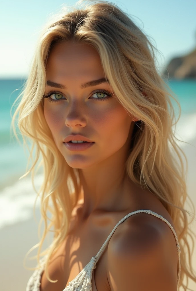 une belle fille aux longs cheveux blonds, detailed eyes, nose, and lips, on the beach , femme qui ressemble a alisha lehmann realiste