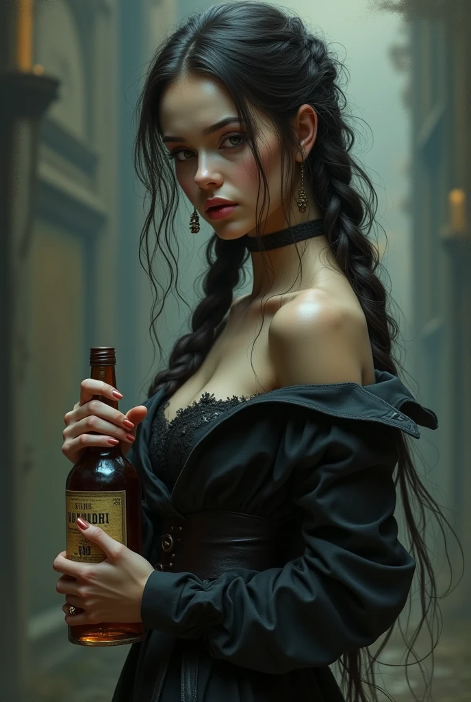 Create a character with a human and feminine appearance who has long, braided hair and carries a bottle of liquor in his hand