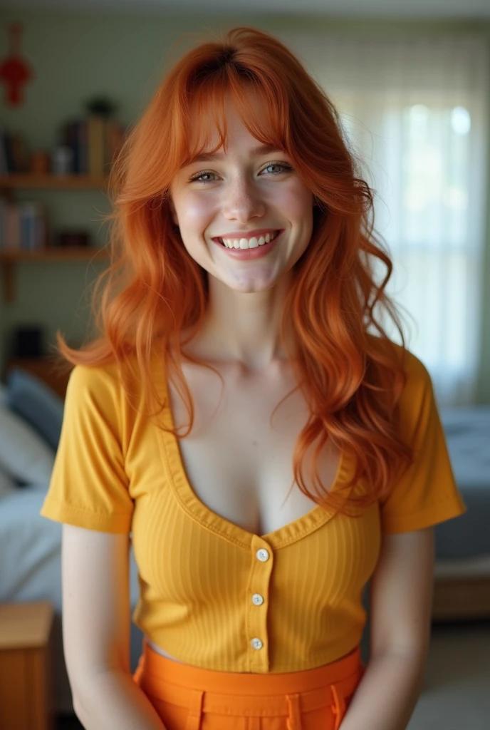 1girl in, age19, Solo, Aesthetic artwork, irish redhead, wavy ginger hair, shoulder length ginger hair, gray eyes, light grey eyes, some small freckles, pale skin, A-cup, (small :1.2), runners body, (textured skin, skin pores:1.1), (moles:0.8), imperfect skin, goosebumps, (extremely detailed 8k wallpaper), soft lighting, high quality, sharp focus, High Detail, (natural light), in a navy blue colored dress, navy blue sundress, floral pattern sundress, crazy details, complex details, hyperdetailed, (), smiling, flirty, no bra, downblouse, cleavage, bending forward, leaning forward and looking down dress, small 