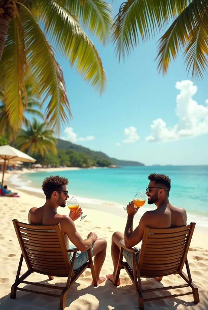 Two beautiful young men on the beach with coconut in hand with pink boxers and white rainbow birds behind