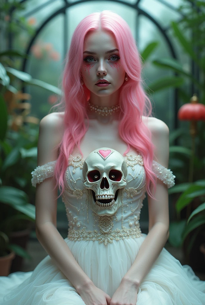 araffe girl in a pink dress posing for a picture, ribcage, ((pink)), pink body, pink skin, ulzzang, bubblegum body, pink girl, by Russell Dongjun Lu, skeleton girl, some pink, inspired by Yanjun Cheng, smooth pink skin, trending on cgstation, 🌺 cgsociety, cai xukun, high quality, (RAW photo, best quality), (realistic, photorealistic: 1.4), (extremely delicate and beautiful: 1.4), amazing, fine details, masterpiece, ultra detailed, high resolution, best illustration, best shadow, intricate, ( extremely intricate: 1.2), (exquisitely detailed skin), cinematic light, perfect anatomy, (cool color: 1.4), sharp focus, 8k UHD, DSLR, (Fujifilm XT3),(fondo huesos de Esqueleto humanos :1.4),( tiene huesos visibles Esqueleto :1.4), (colores brillantes)