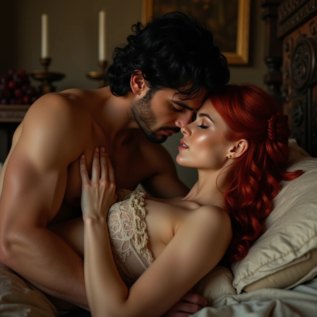 Cadre : c est une chambre dans un chateau avec un lit a baldaquin il y a une grande fenetre avec des rideaux en velour rouge.
Femme: elle etait couché sur le lit. Elle a vingt trois ans Ses cheveux etaient rouges, ondulé et longs. Elle porté une robe blanche champêtre et simple a sa cheville une chaîne y etait attachée. Sur son visage on voyait qu elle etait soumise mais aussi qu elle avait de l affection pour cet homme qui l'a kidnappé par amour.
Homme : il est auprès d'elle c est un homme de vingt cinq ans il est musclé, il a les cheveux longs,lisse et noir sur son cou il a un tatouage en forme de serpent noir. Il est habillé en chemise de soie et pantalon noir. Il regarde la jeune fille avec de l'affection et de l amour. Il lui caresse les cheveux délicatement pour lui montrer qu'elle n'a rien a craindre et son affection