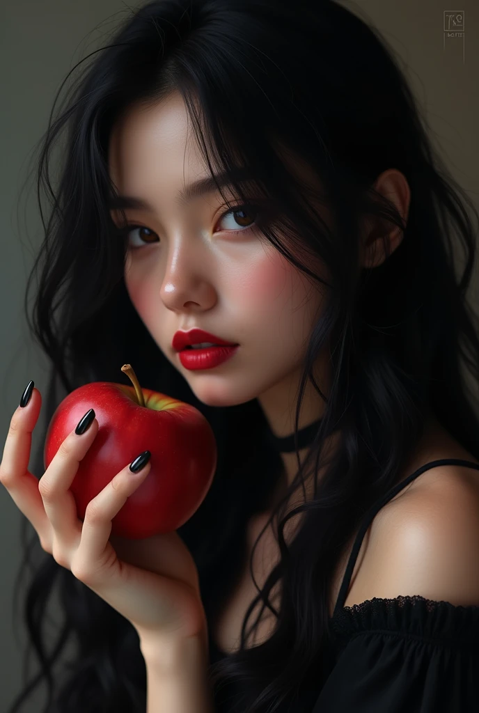 there is a woman with a labios rojostick holding a red apple, pintura digital sensual, pintura digital brillante, piel brillante, deep labios rojos, thick labios rojos, dark labios rojos, big labios rojos, sexy labios rojos, labios rojos, [ arte digital 4k ]!!, estilo artístico realista, light-labios rojos, expresión sensual, labios brillantes