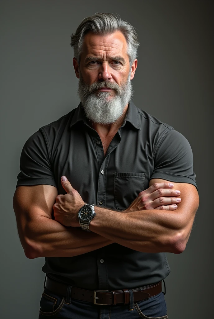 50 year old fit man shirtless big pecs tied up to wall, hands over head, very hairy chest, beard, hanging from ceilimg