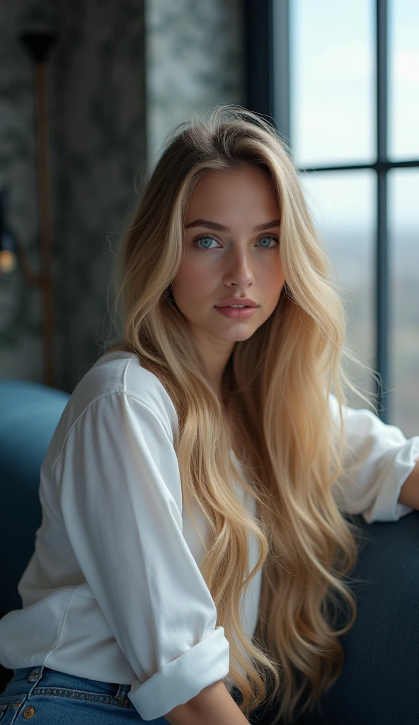 Photo brute, a 20 year old Brazilian, balayage blond, cheveux longs, poitrine de taille moyenne, corps en forme de sablier, porter un pyjama, (soft backlight), Realistic, chef-d&#39;artwork, la plus haute qualité, Reflet, [[aberration chromatique]],meilleure ombre, photorealism, Hyperréalisme, Une fille