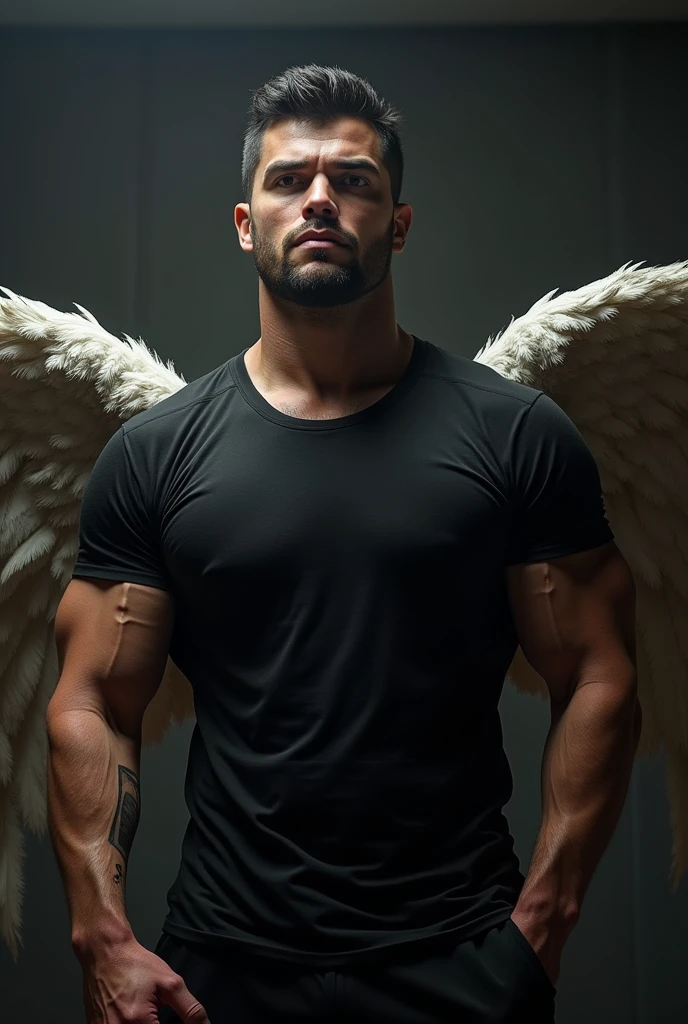 (((angel caido!angel!big black angel wings!Gothic))),perfect composition,!)), ((Unintentionally exposing chest muscles.))body hair, ((hairy chest++)), elegant macho, elegant barbilla de chad, Elegant and attractive, Elegante y elegant, elegant hombre, Attractive man, masculino y elegant, elegant, posing attractive, Attractive man, Attractive man, 35 year old man!Raise your little head,Chimney(first portrait!))(short mustache)head space!Charming and serious look..,(hombre elegant,Dressed in an embarrassing posture,Perfect body anatomy,Beautiful man face detail,perfect foot,perfect hand!Ultra low angle shot!An image of a character with a necklace.., muscular man, realistic muscles, human representation style, Gothic, meritocracy, at the romantic academy, garbage, Aestheticized violence, whole body, dark gym, coloring Waiting to start