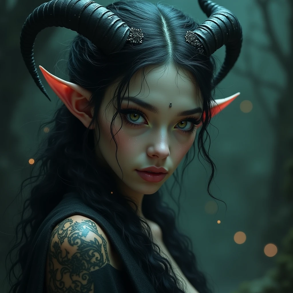 ((NSFW)), ((Mediovale)), Tiefling Drake Warden, pinkish skin, ram horns,  ((full body)), completely white eyes, scar on the lips on the right side, Bblack hair, hair tied in a bun, scraping both sides, a braid on each side of the bangs. Bronze Drake companion pet, 