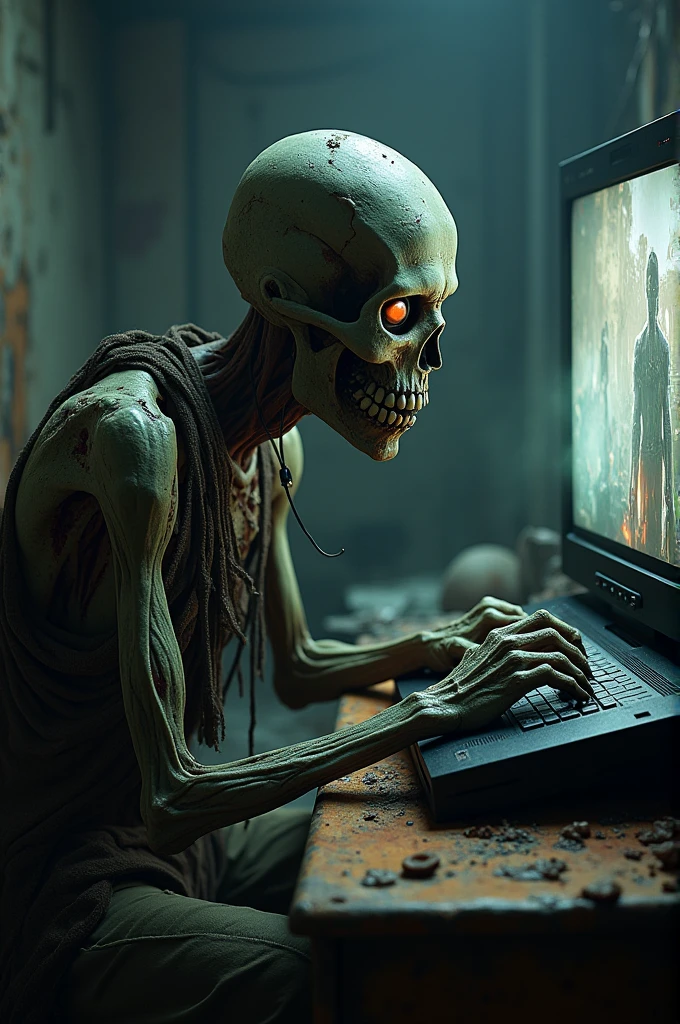 An old man in an office, zombie, rotting, skeletal jaw, typing on computer, depressed, ghostly, night time, dusty, spiderwebs, highly detailed face, intricate details, cluttered background, angled camera <lora:epiNoiseoffset_v2:1>