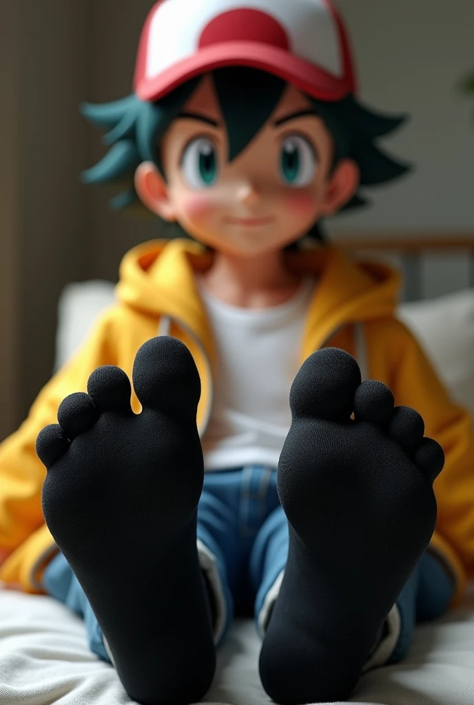 ((Masterpiece)), ((highest quality)), young male, Hro Hamada_Big hero 6, In his bedroom, showing the soles of his feet, perfect feet, five toe feet, feet focus