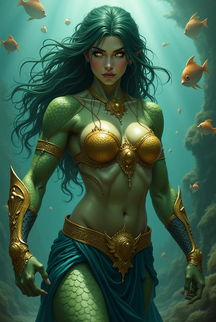 drawing line in comic book style art, monstrous mermaid with deformed face and head missing hair with somewhat blurred and spectral image with golden rings and bracelets and runes marked on her body, gold eyes