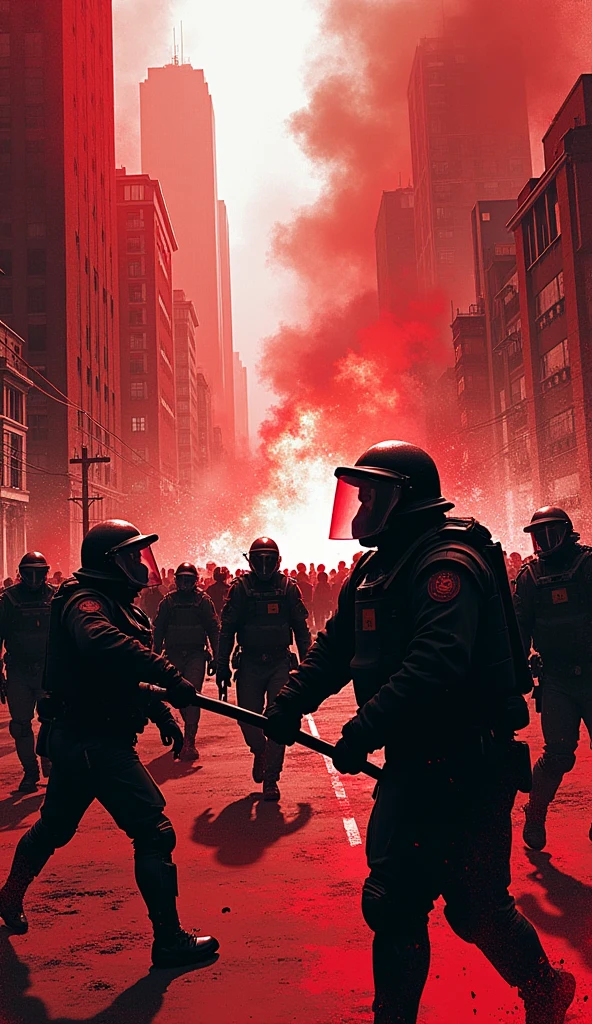 leogirl, realistic photography, ,A lone man stands defiantly in front of a line of riot police, bathed in the golden hour light during a protest for freedom. He holds a flag billowing in the wind as the silhouette of the police forms a dramatic backdrop.