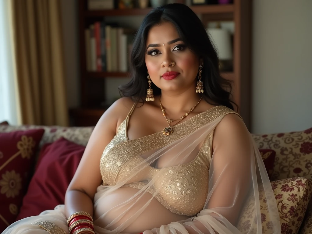 1 girl, beautiful detailed eyes, beautiful detailed lips, extremely detailed eyes and face, long eyelashes, heavenly beautiful, goddess-like beauty, cute and sweet looking face, arabic woman, overweight, extremely fat, chubby figure, luxurious style saree, reaching out, high resolution, 16k, masterpiece, highest quality, fine skin, close up figure view, realistic photograph, tetona culona sexy, in front of quebec city, canada