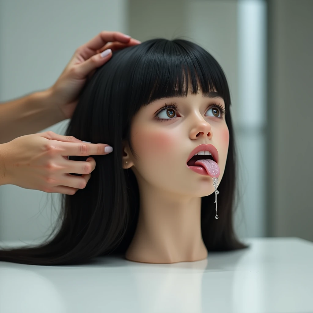 A mannequin is licking a sausage with its tongue(female mannequin&#39;The color of the face is pure white　The color of the mannequin body is pure white.　The mannequin&#39;s hair is brown(straight haired　Bangs)　The mannequin has an elongated face　The color of the clothes is brown)