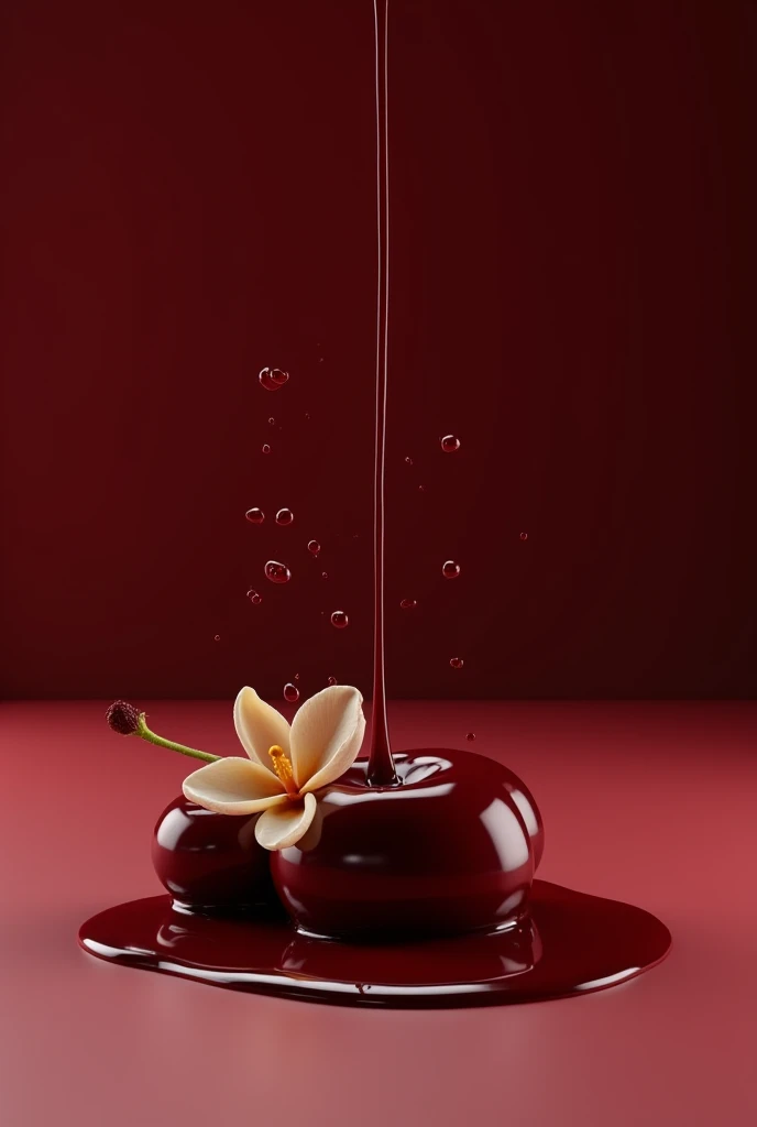 3D rendering, large dark red cherries and a vanilla flower lie beautifully on a flat, smooth surface, thick glossy maroon syrup pours over them in a trickle, from which splashes fly, the background is maroon, saturated colors, high detail, photorealism, hyperrealism