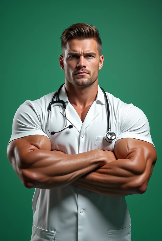 Photo-realistic, ((best quality)), ((masterpiece)), (detailed), short hair, handsome young male doctor, 18-year-old, super male medic, handsome, evil doctor, tall, cute, evil looking, dark look powerful, young male medic, handsome, super strong, muscular, fit, massive muscles, six pack, clean shave, blue eyes, pale skin, (wavy short messy brown hair:1.3), short messy hair, messy wavy hair, shirtless, bare-chested, muscle, ripped, strong body, fit body, scrubs pants, stethoscope, (hospital hall:1.4), night hospital , (hospital wing:1.2), horror places, 8k, high detailed, ultra-detailed, Stylish Pose, real skin texture, dramatic cinematic light, night, night time, dark, full moon