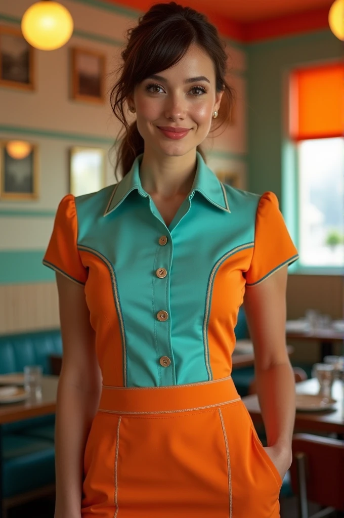 a stunning woman at the retro diner, perfect day, cute shirt, close up, perfect face, [smiling:0.5], raw, 8k uhd, <lora:ninaWarink:1>