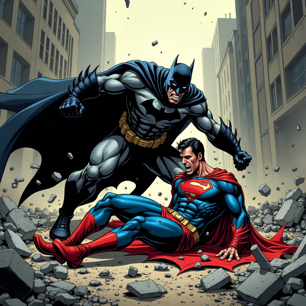 24 x 36 inch Movie Poster, Full body portrait, head to toe, Batman and Superman brandishing a pistol, back to back, a dark, stained wall in the background, oil painting on canvas, in the style of Frank Frazetta, 32k UHD, Vibrant, extremely colorful, sharp, detailed,