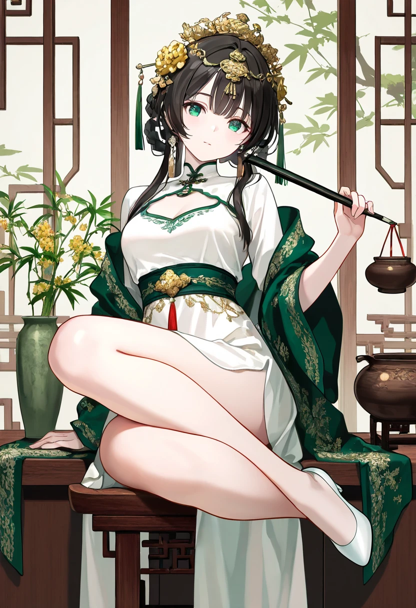 masterpiece,best quality,This photograph features an East Asian woman in traditional Chinese attire, styled for cultural or historical representation. She has light, fair skin, and dark hair adorned with intricate hairpieces and floral decorations. Her red, silk robe is adorned with detailed gold and green embroidery. Her pale blouse underneath has light green accents. She sits on a stool, holding a green and gold flower, with a decorative wooden table behind her, holding a small pot plant. The background has bamboo panels with Chinese calligraphy. She has a soft, feminine appearance with delicate and an elegant demeanor.