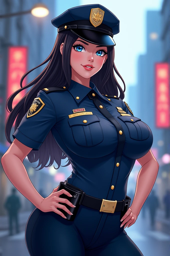 Kriti sanon wearing a beautiful ,photorealistic, best quality, masterpiece, realistic, highres, absurdres, kr1t1 , ((vector)),Beautiful symmetric detailed eyes. Big breast, fit body., necklace , makeup, red lipstick , police uniform