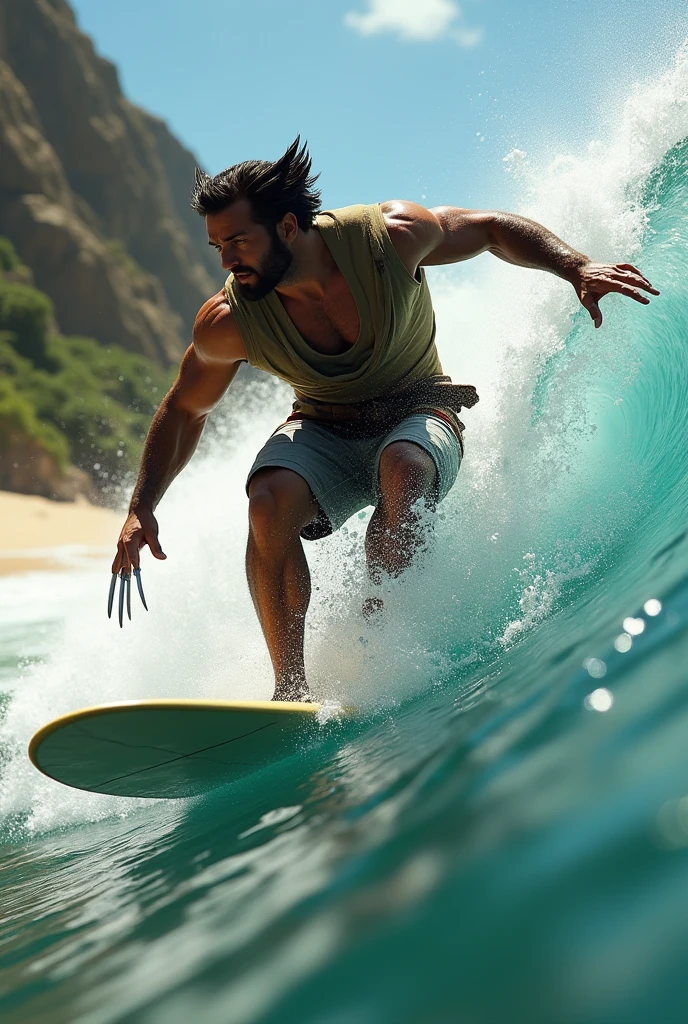 Hugh Jackman showing his wolverine claws smiling actor wearing a black shorts with yellow details at a caribean beach day time blue sky