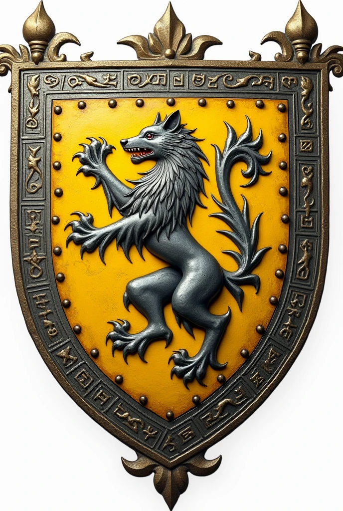 I need a noble coat of arms from the year 1000 AD . it comes from a Scandinavian noble family . It has the colors , silver and yellow is decorated with Nordic runes and the heraldic animal is a wolf. Nordic runes adorn the coat of arms