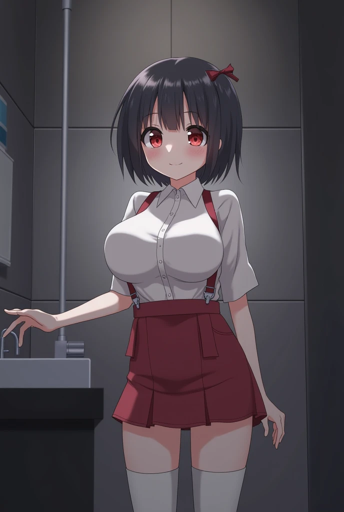 nsfw,suzune horikita, (Red eyes:1.3),locker room,cowboy shot,(Medium chest),Hair Ribbon,White panties,((pull down pantie, )),Black thigh-high socks,short hair