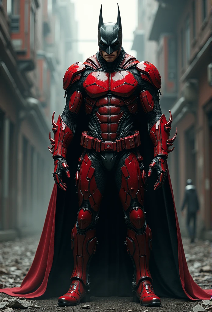 a Batman in cybernetic armor, ultra detaild, color red . ::n_ drawning, Imperfection, low quality, puppet, playset, アニメ, signature
