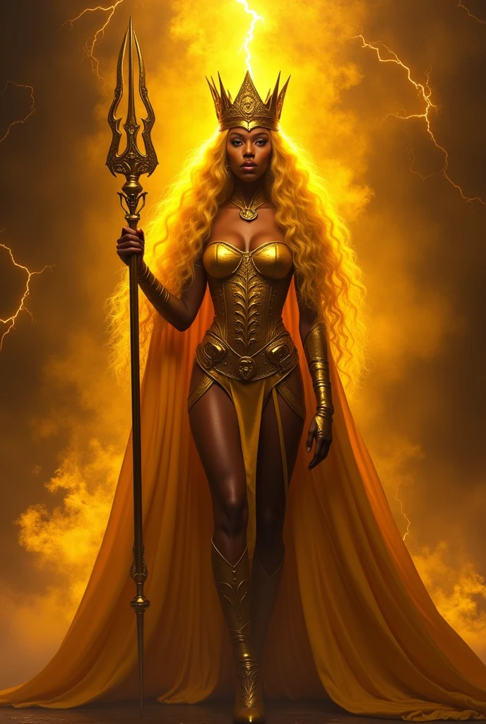 Black woman. Upper Body encrusted in gold. Golden eyes. Sultry look. Long red hair that reaches her feet. Golden crown on head that reaches her forehead. Long golden earrings. Full Finger Chinese style gold rings. Staring at a gold chest glittering. Golden staff on the floor cracking. Filled with golden lightening. Ultra high quality.